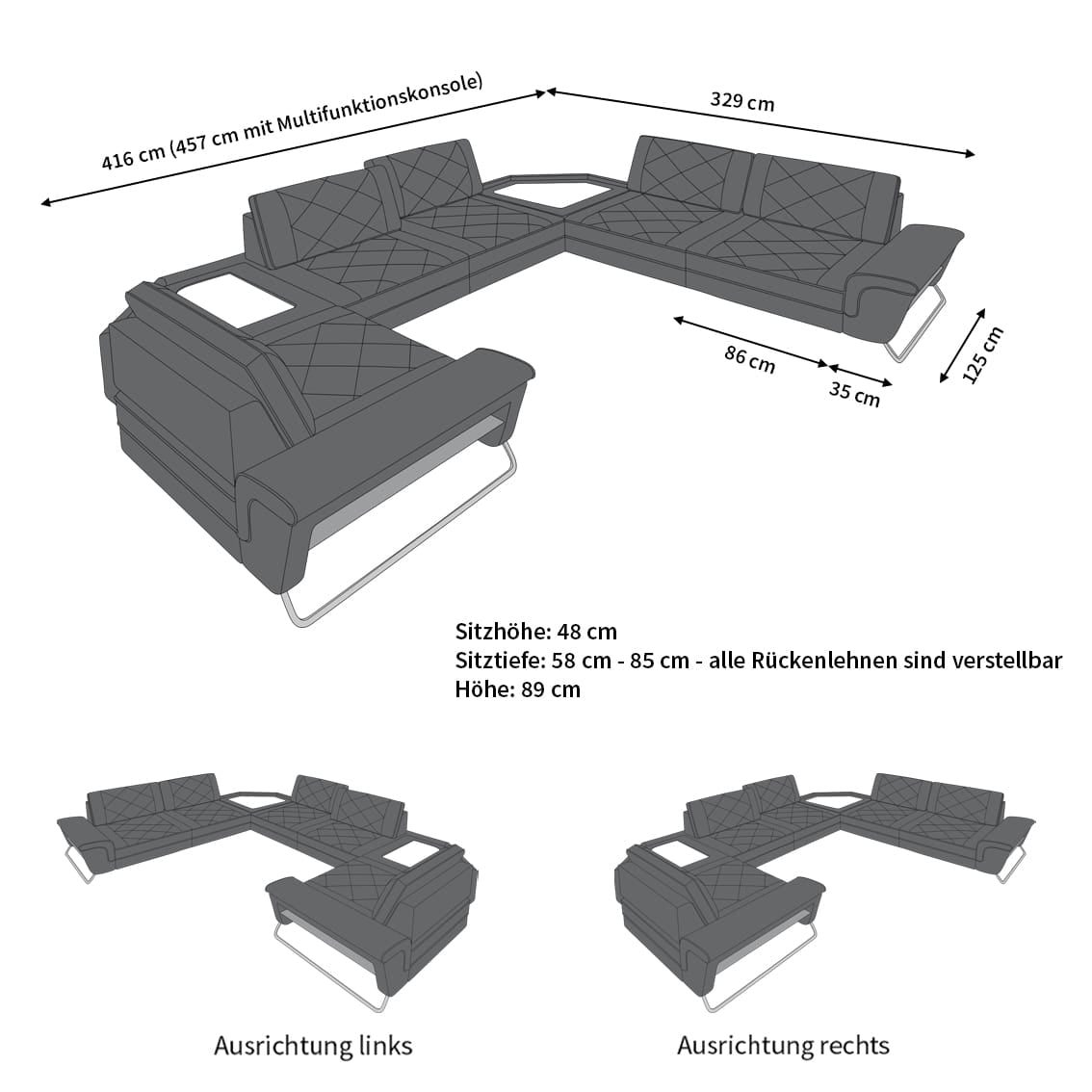 Couchlandschaft Sepino U-Form in Stoff Orange-Schwarz