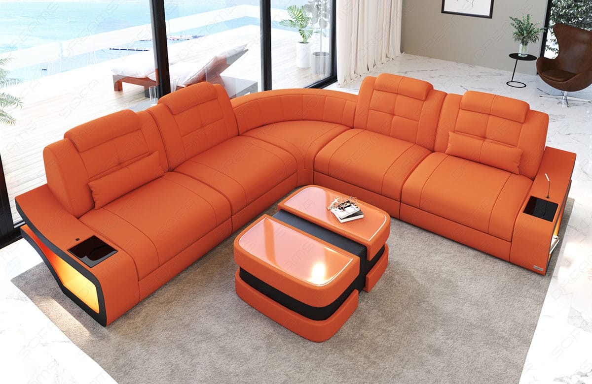 Couch Elena Lang L-Form in Stoff Orange-Schwarz
