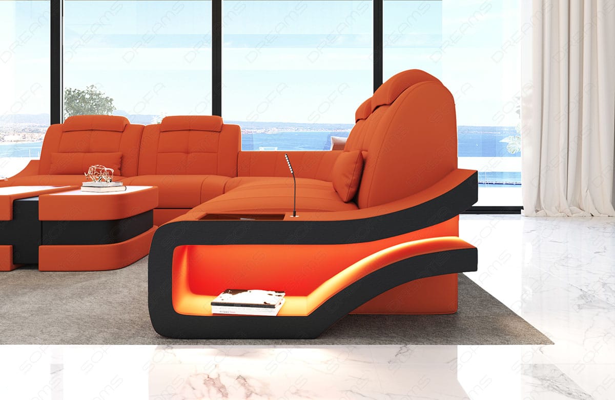 Couch Elena Lang L-Form in Stoff Orange-Schwarz