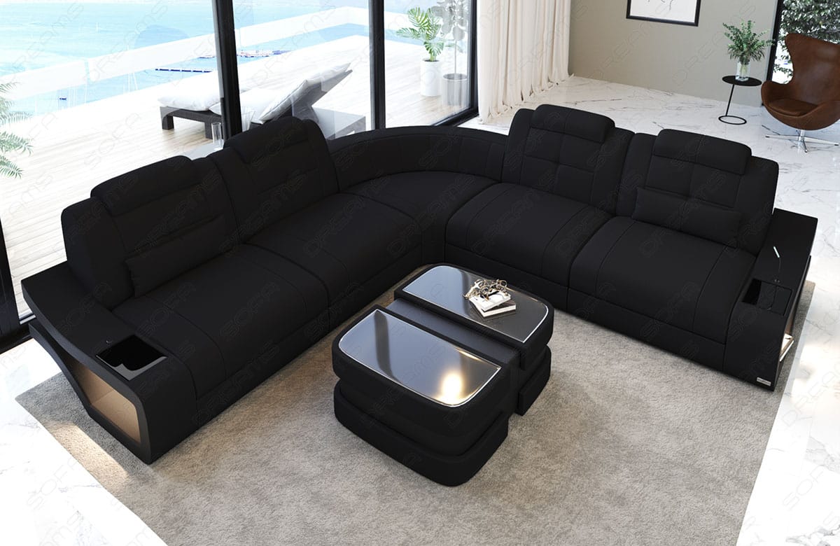Couch Elena Lang L-Form in Stoff Schwarz-Rot