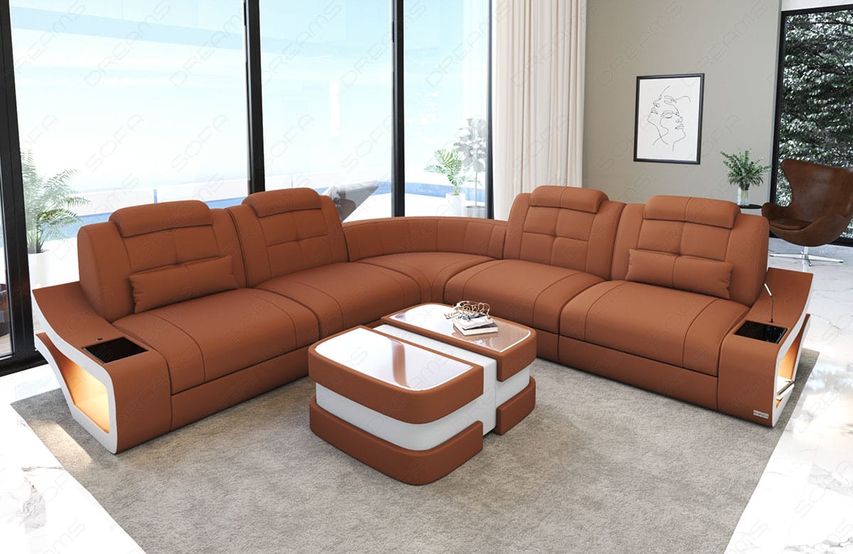 Couch Elena Lang L-Form in Stoff Haselnuß-Weiß