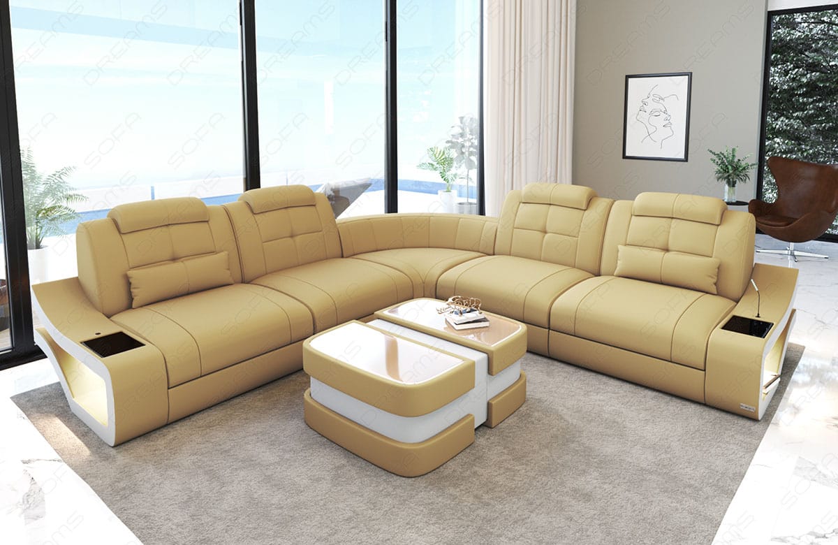Couch Elena Lang L-Form in Stoff Beige-Weiß
