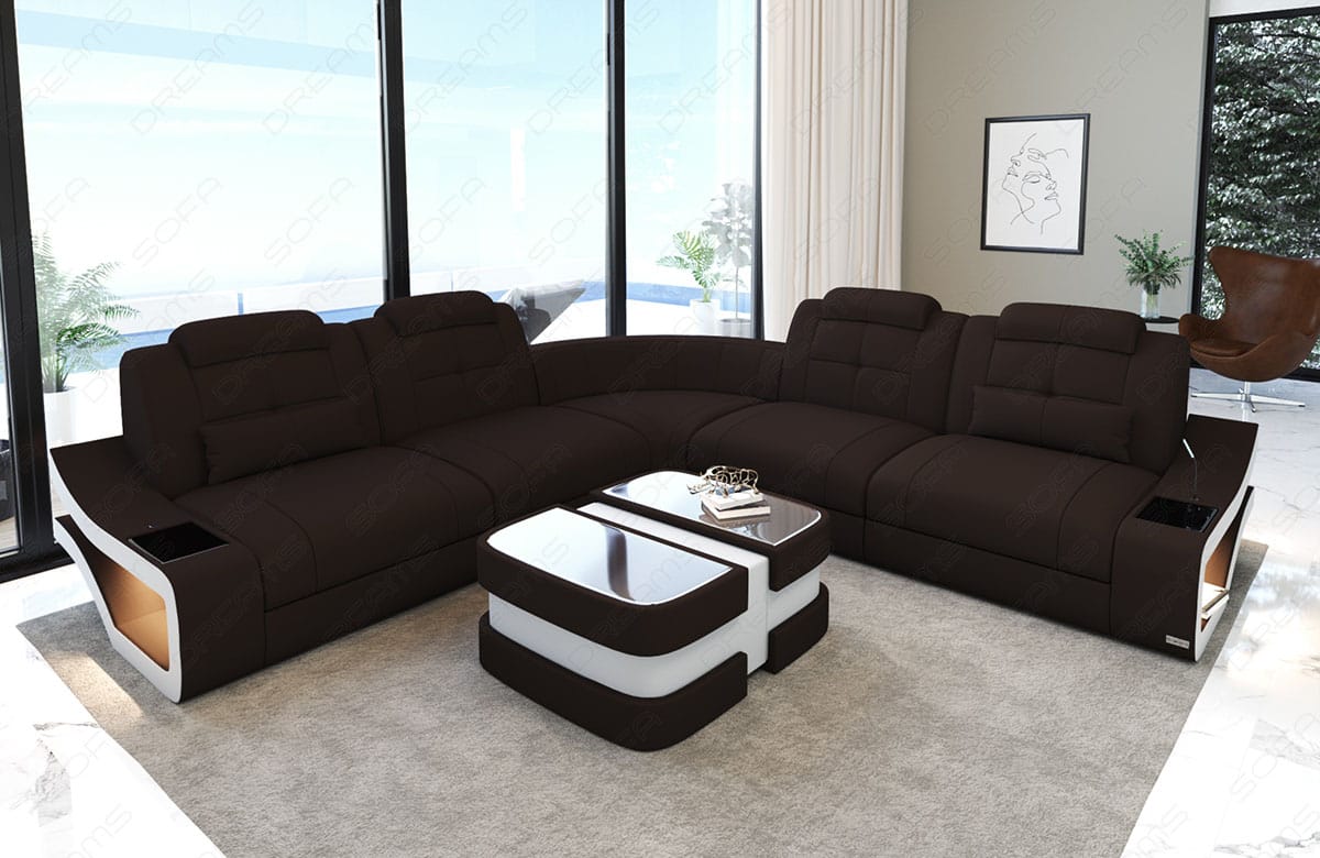 Couch Elena Lang L Form in Stoff mokka-weiß