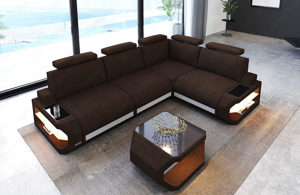 Stoff Ecksofa Siena L Form braun-weiß