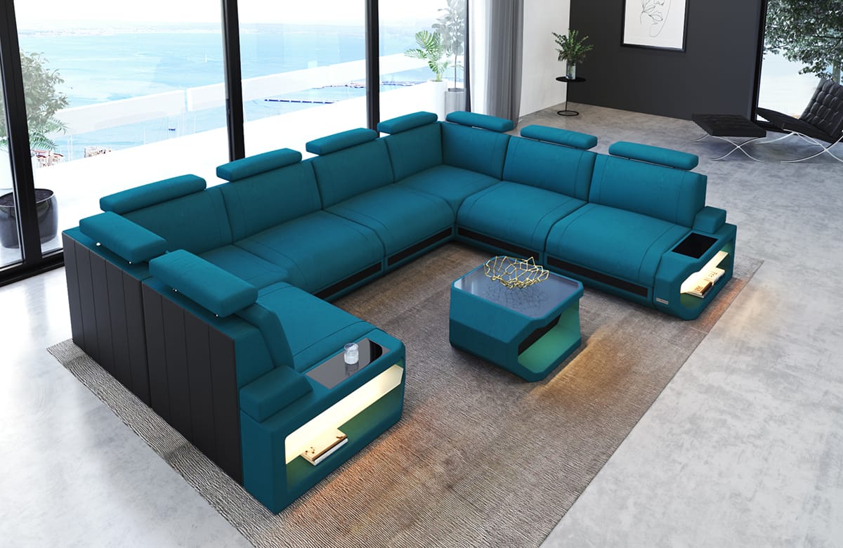 Couchlandschaft Siena U-Form in Stoff Azurblau-Schwarz