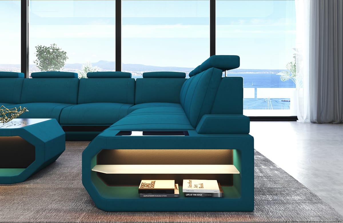 Couchlandschaft Siena U-Form in Stoff Azurblau-Schwarz