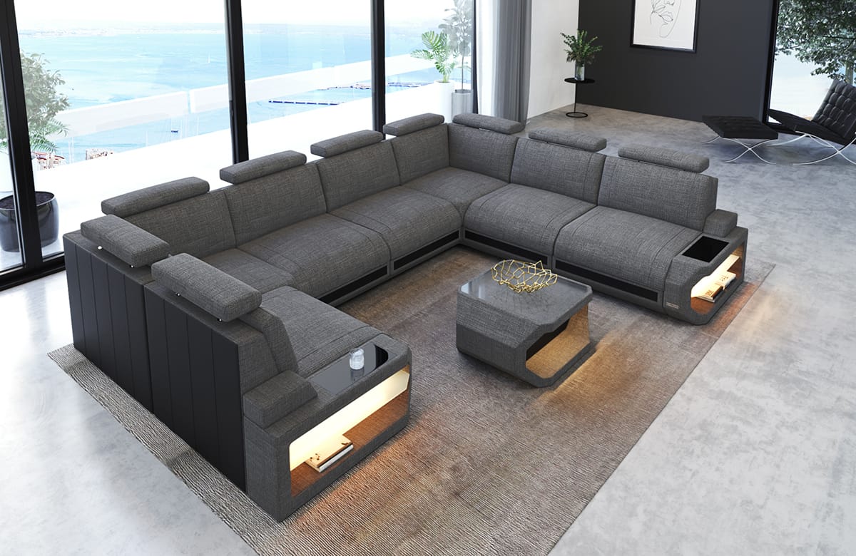 Couchlandschaft Siena U-Form in Stoff grau-schwarz