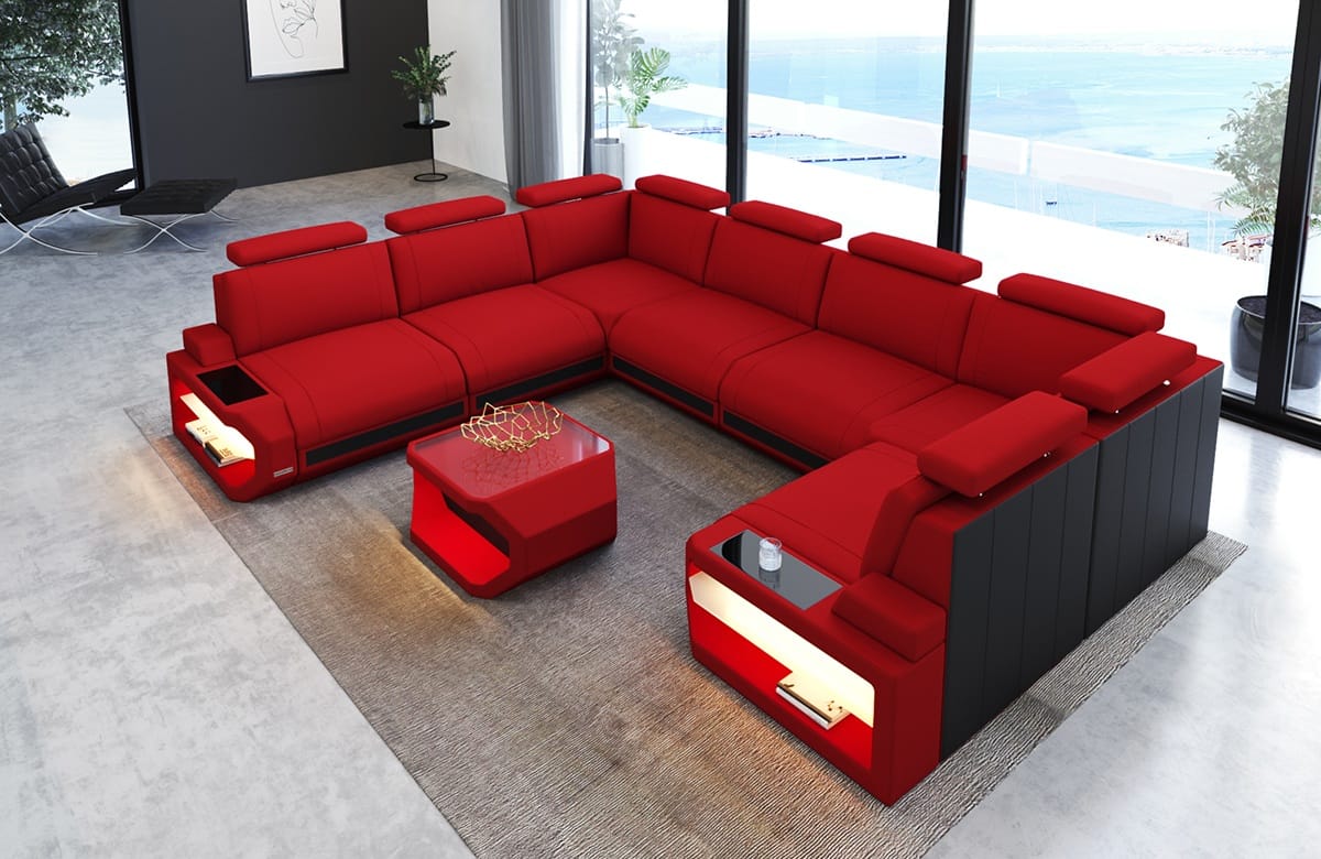 Couchlandschaft Siena U-Form in Stoff rot-schwarz