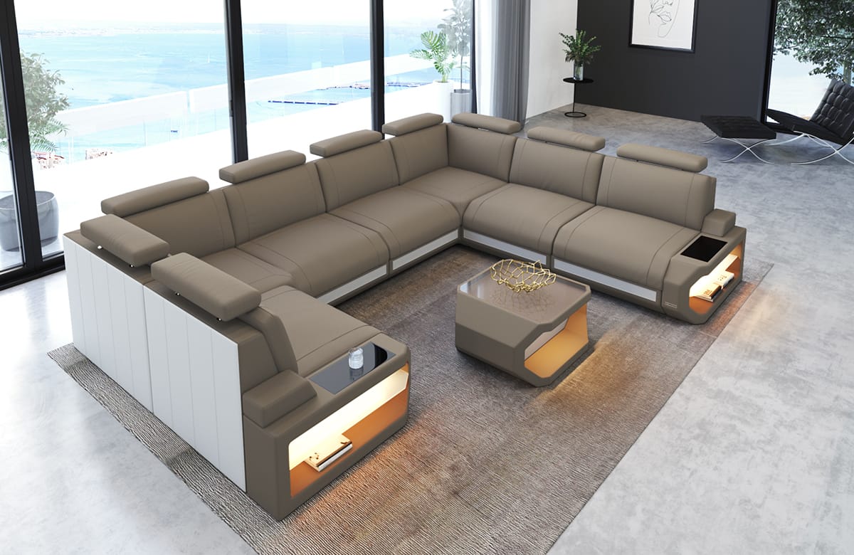 Couchlandschaft Siena U-Form in Stoff Taupe-Weiß