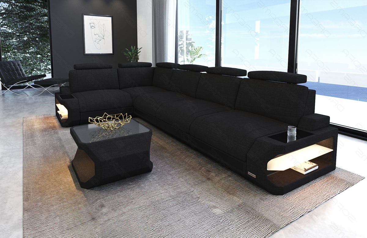 Ecksofa Siena Lang L-Form aus Stoff Schwarz-Schwarz