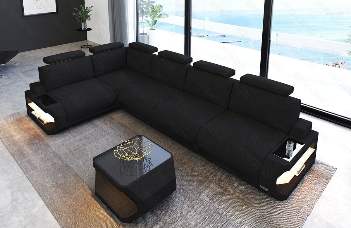 Ecksofa Siena Lang L-Form aus Stoff Schwarz-Schwarz