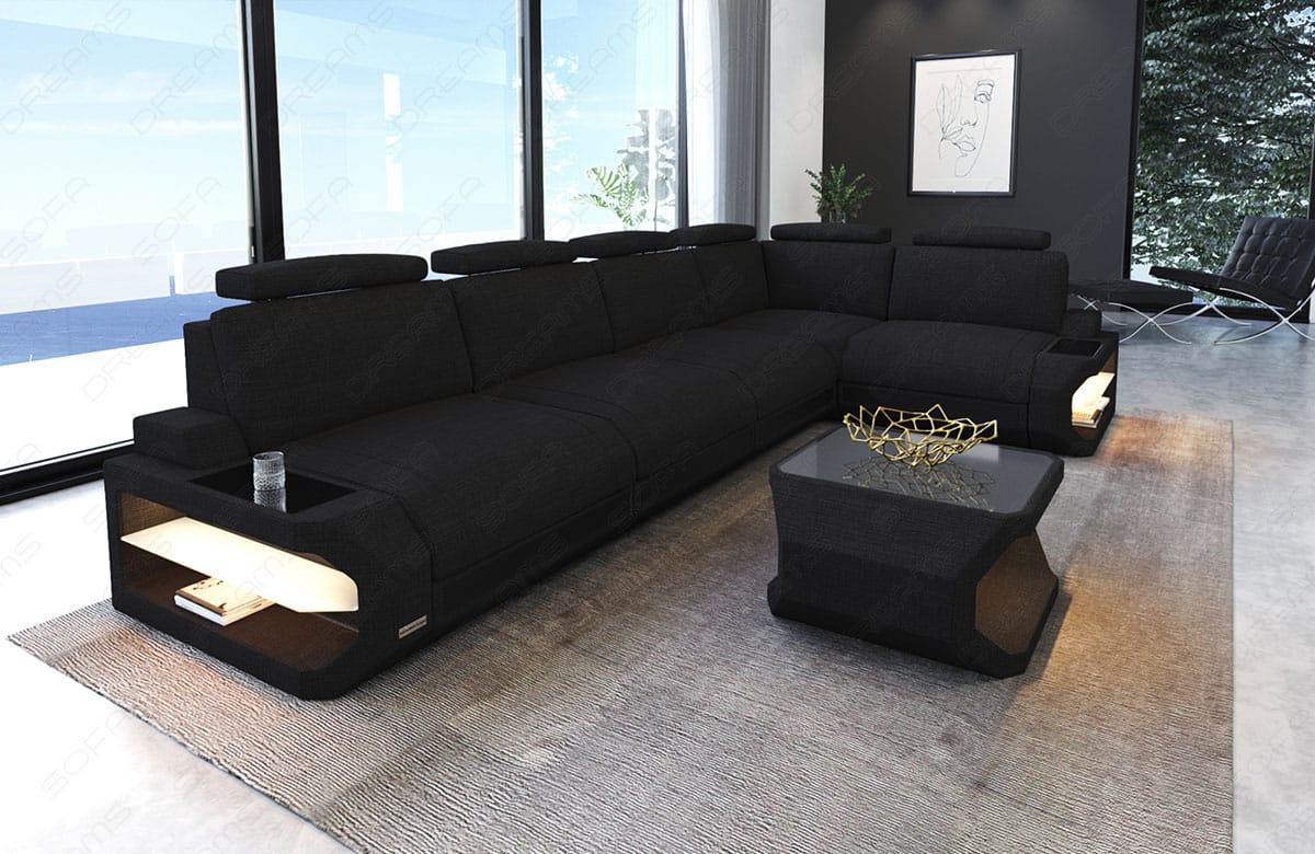 Ecksofa Siena Lang L-Form aus Stoff Schwarz-Schwarz