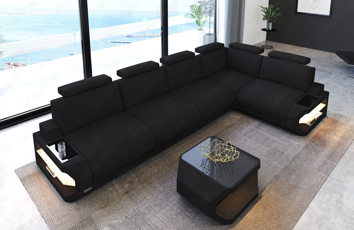 Ecksofa Siena Lang L-Form aus Stoff Schwarz-Schwarz
