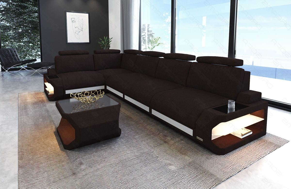 Ecksofa Siena Lang L Form aus Stoff graubraun-weiß