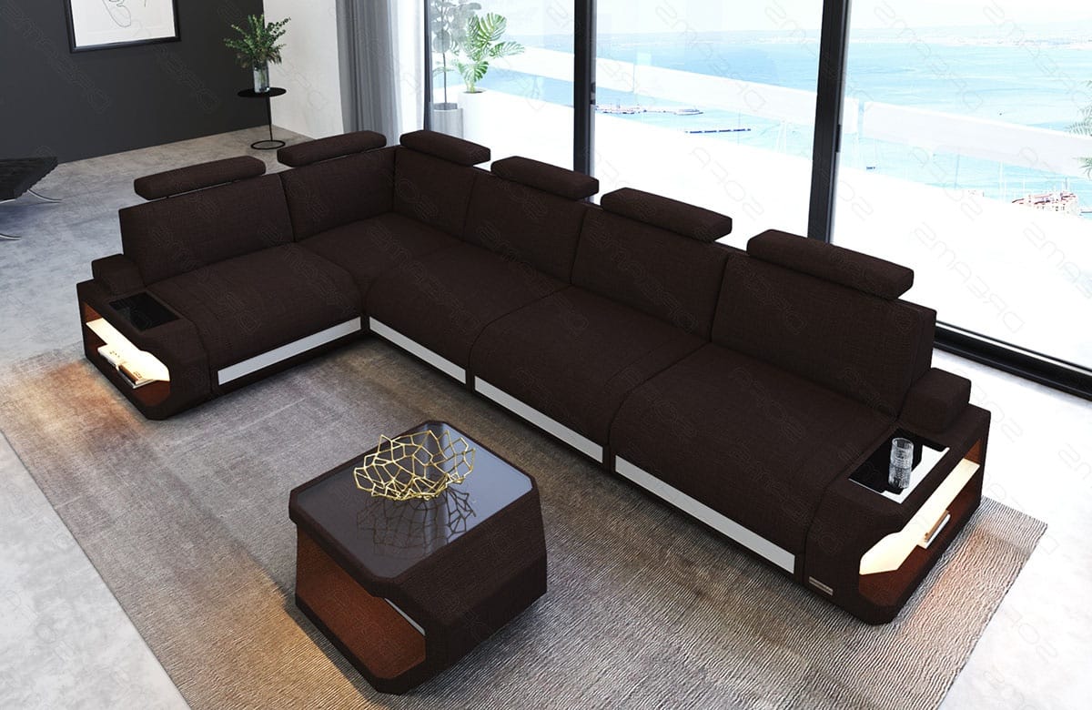 Ecksofa Siena Lang L Form aus Stoff graubraun-weiß