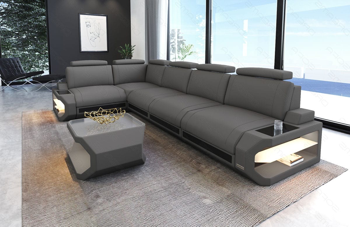 Ecksofa Siena Lang L-Form aus Stoff Hellgrau-Schwarz