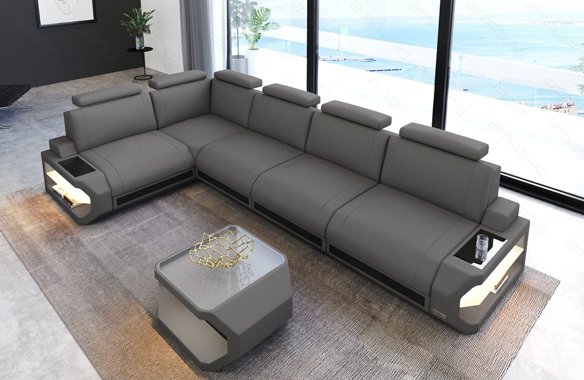 Ecksofa Siena Lang L-Form aus Stoff Hellgrau-Schwarz