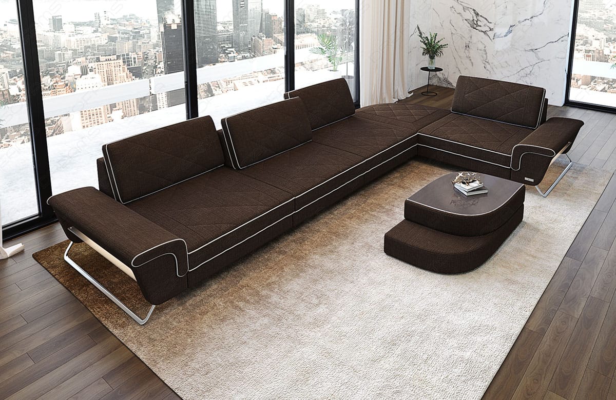 Stoff Ecksofa Rotello L-Form Braun-Weiß