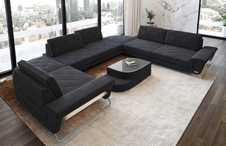 Wohnlandschaft Rotello U-Form aus Stoff Schwarzgrau-Schwarz