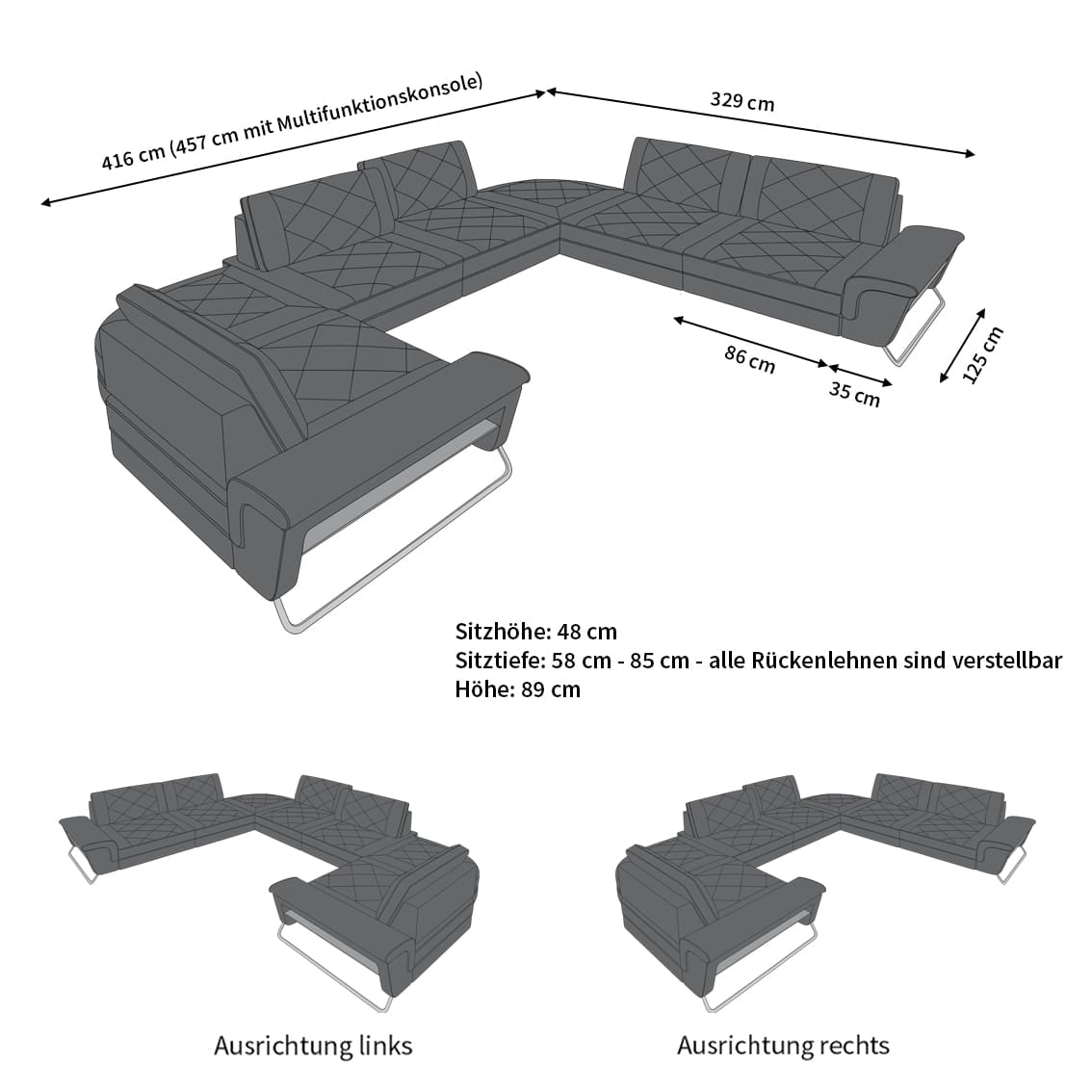Wohnlandschaft Rotello U-Form aus Stoff Schwarzgrau-Schwarz