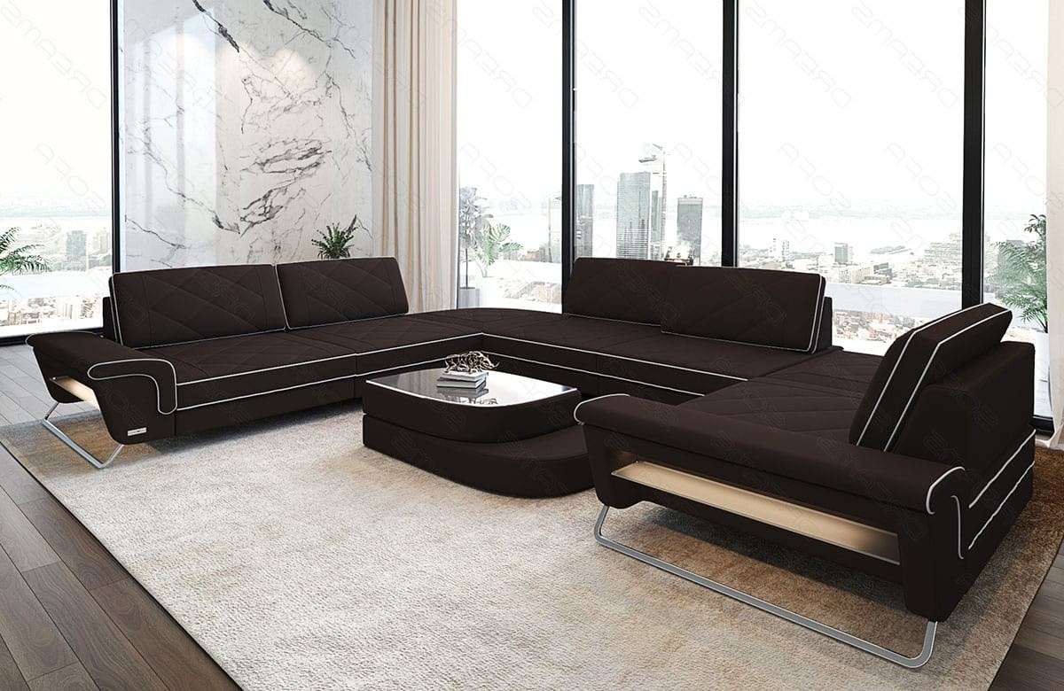 Wohnlandschaft Rotello U-Form aus Stoff mokka-weiß