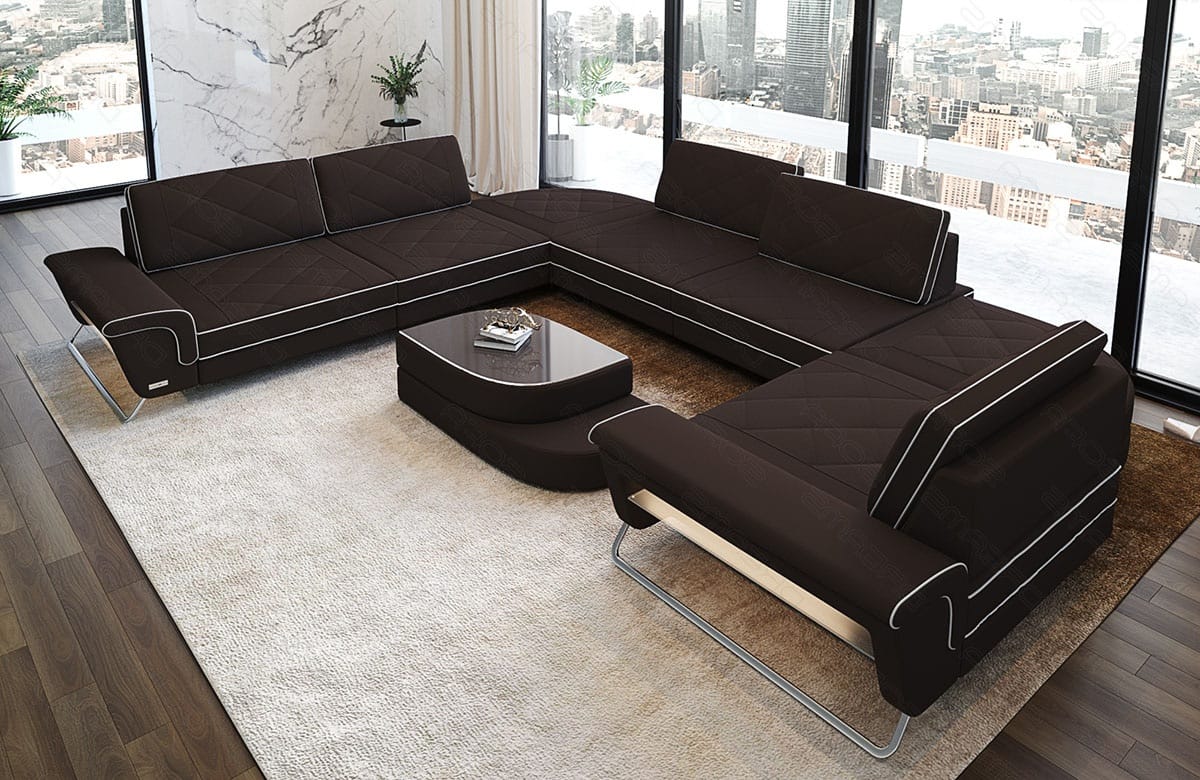 Wohnlandschaft Rotello U-Form aus Stoff mokka-weiß