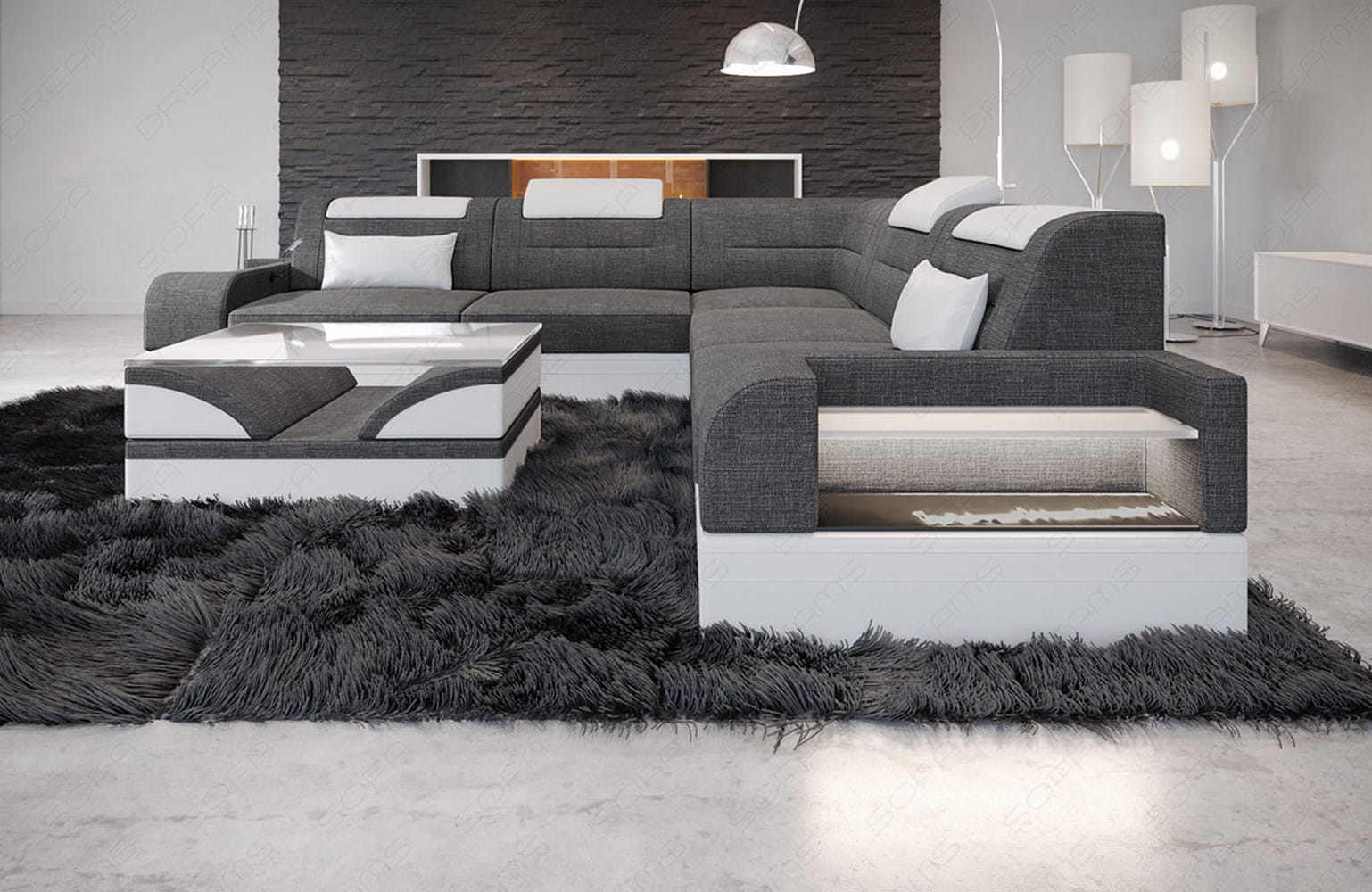 Couch Trivento L-Form in Stoff Grau-Weiß