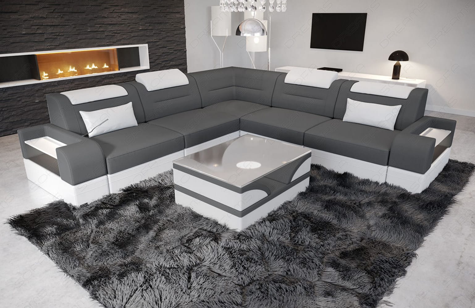Couch Trivento L Form in Stoff grau-weiß