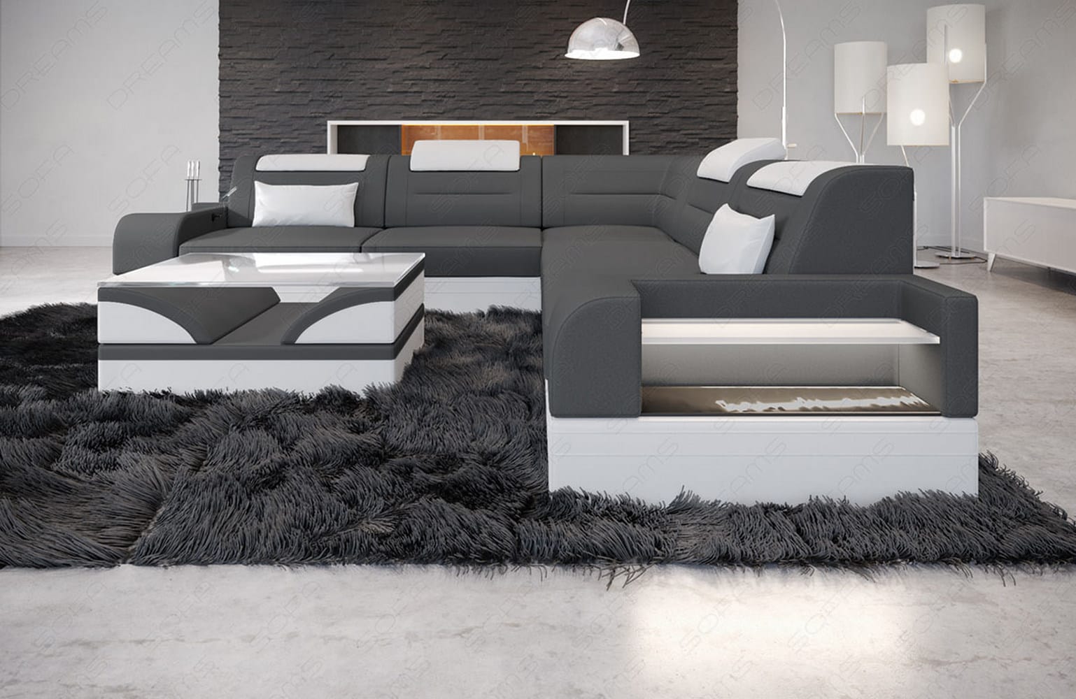 Couch Trivento L Form in Stoff grau-weiß