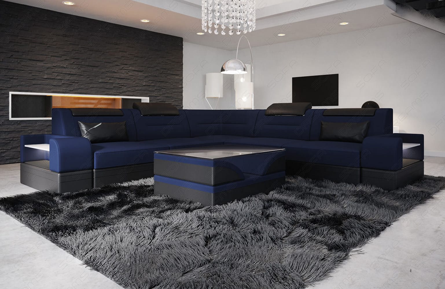 Couch Trivento L-Form in Stoff Dunkelblau-Schwarz