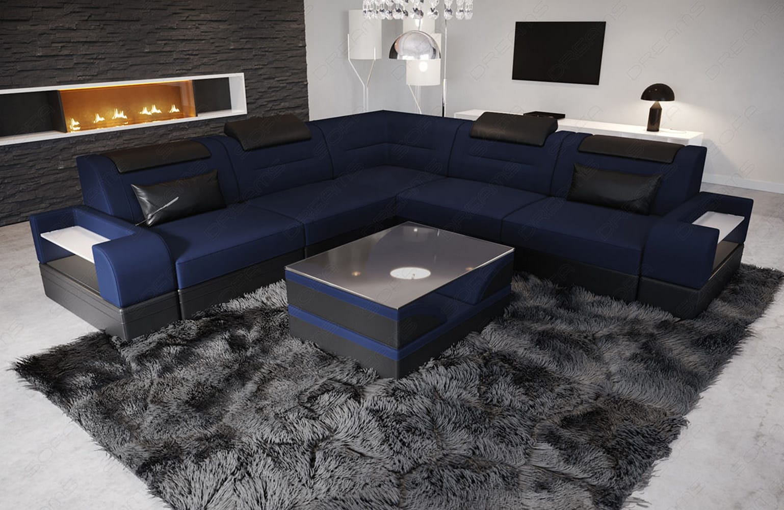 Couch Trivento L-Form in Stoff Dunkelblau-Schwarz