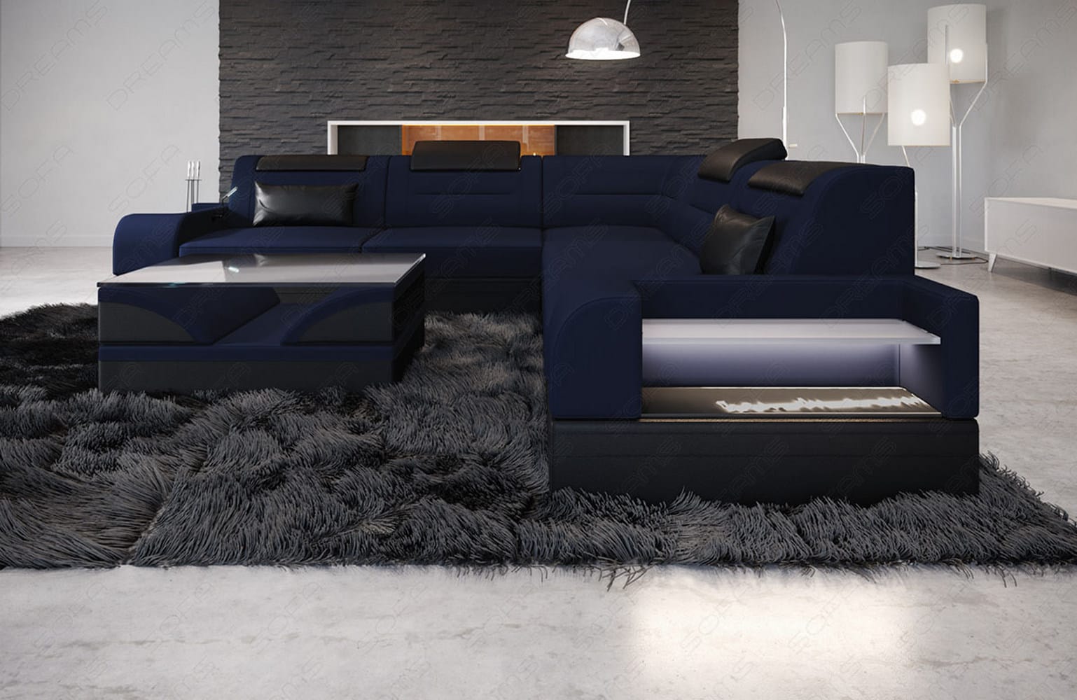 Couch Trivento L-Form in Stoff Dunkelblau-Schwarz