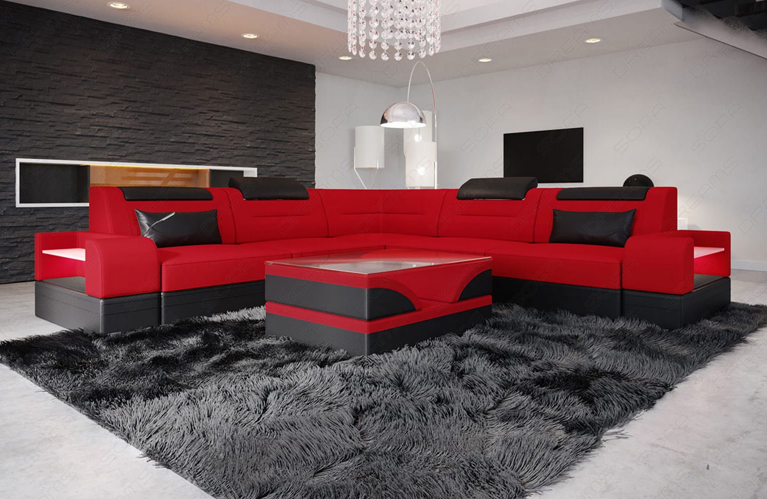 Couch Trivento L-Form in Stoff Rot-Schwarz