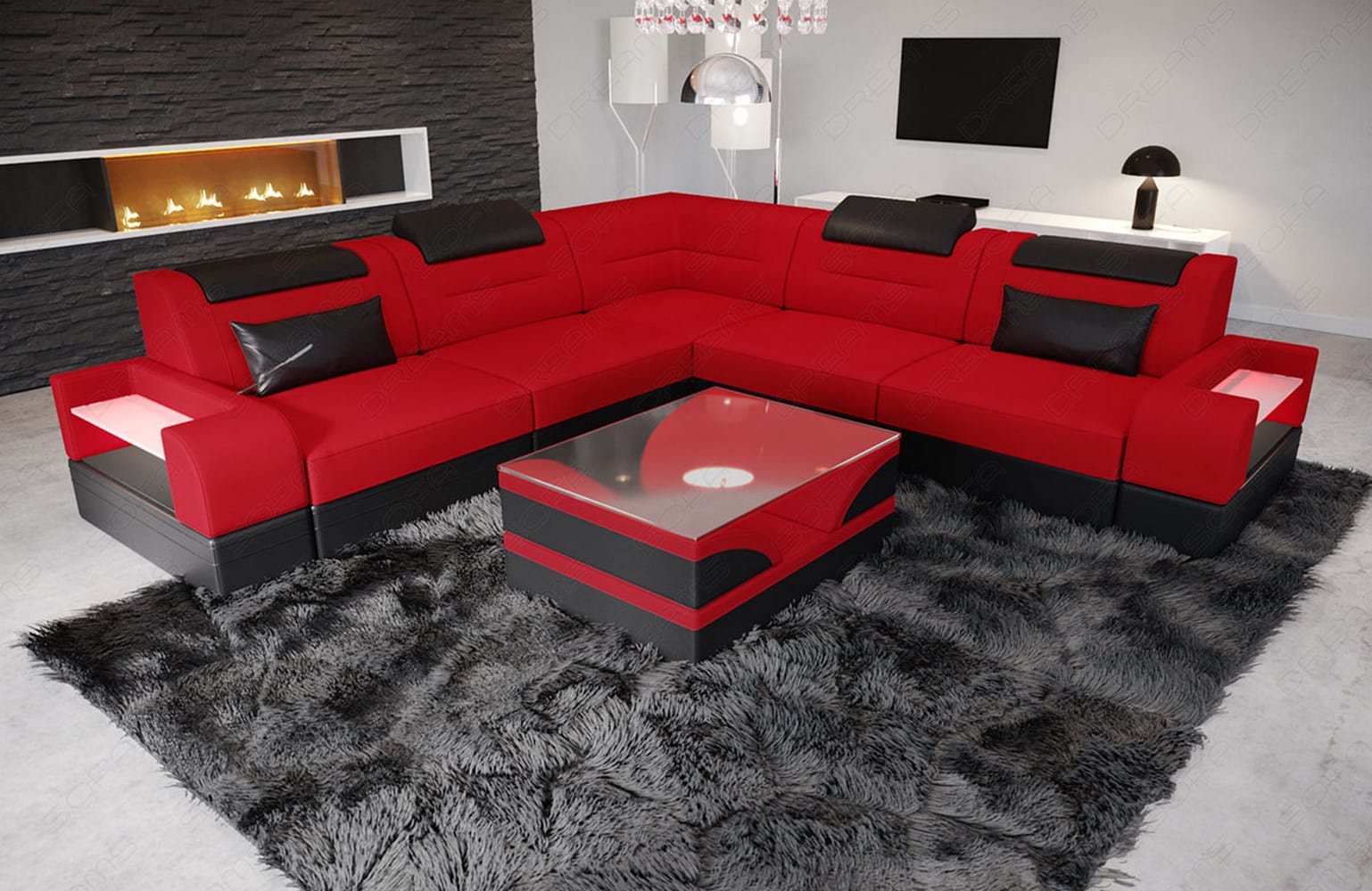 Couch Trivento L-Form in Stoff Rot-Schwarz
