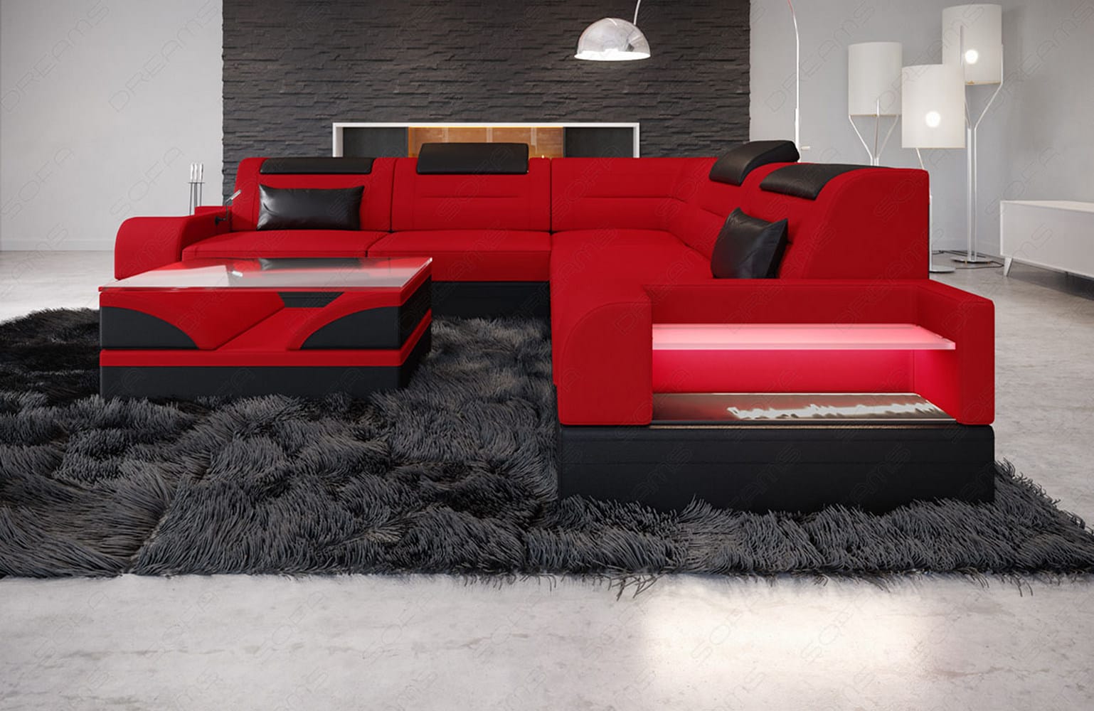 Couch Trivento L-Form in Stoff Rot-Schwarz