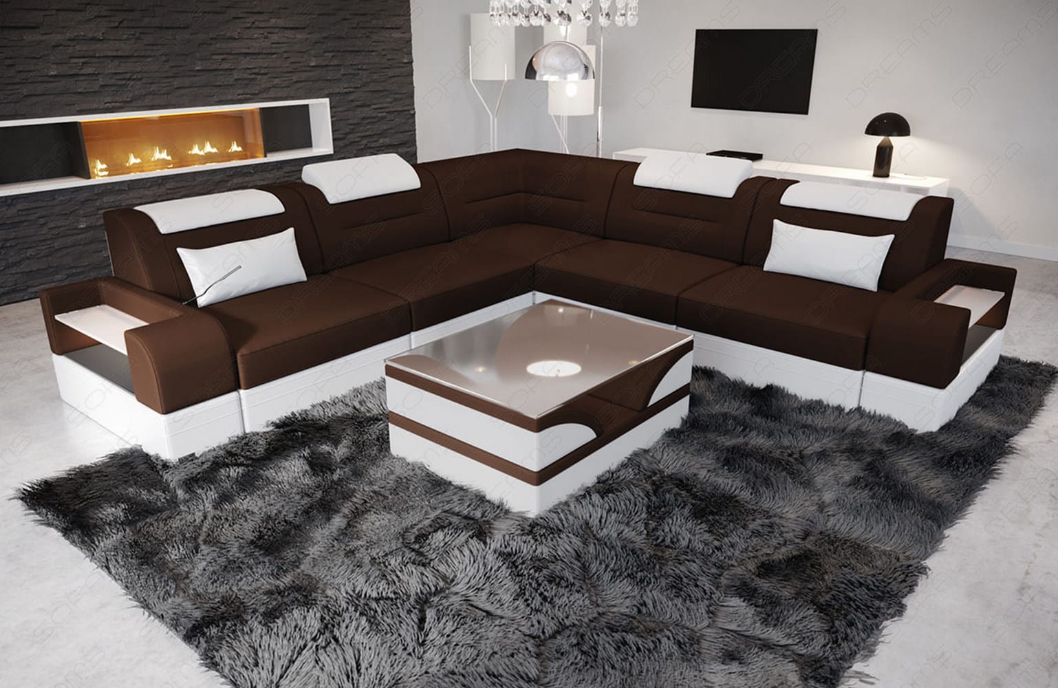 Couch Trivento L-Form in Stoff Dunkelbraun-Weiß