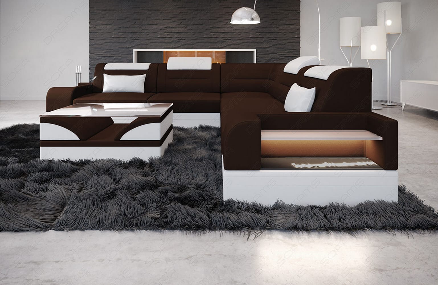 Couch Trivento L-Form in Stoff Dunkelbraun-Weiß