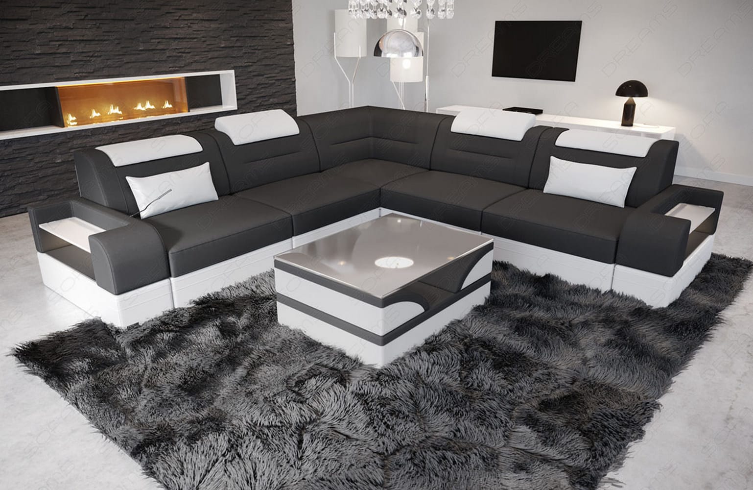 Couch Trivento L-Form in Stoff Dunkelgrau-Weiß