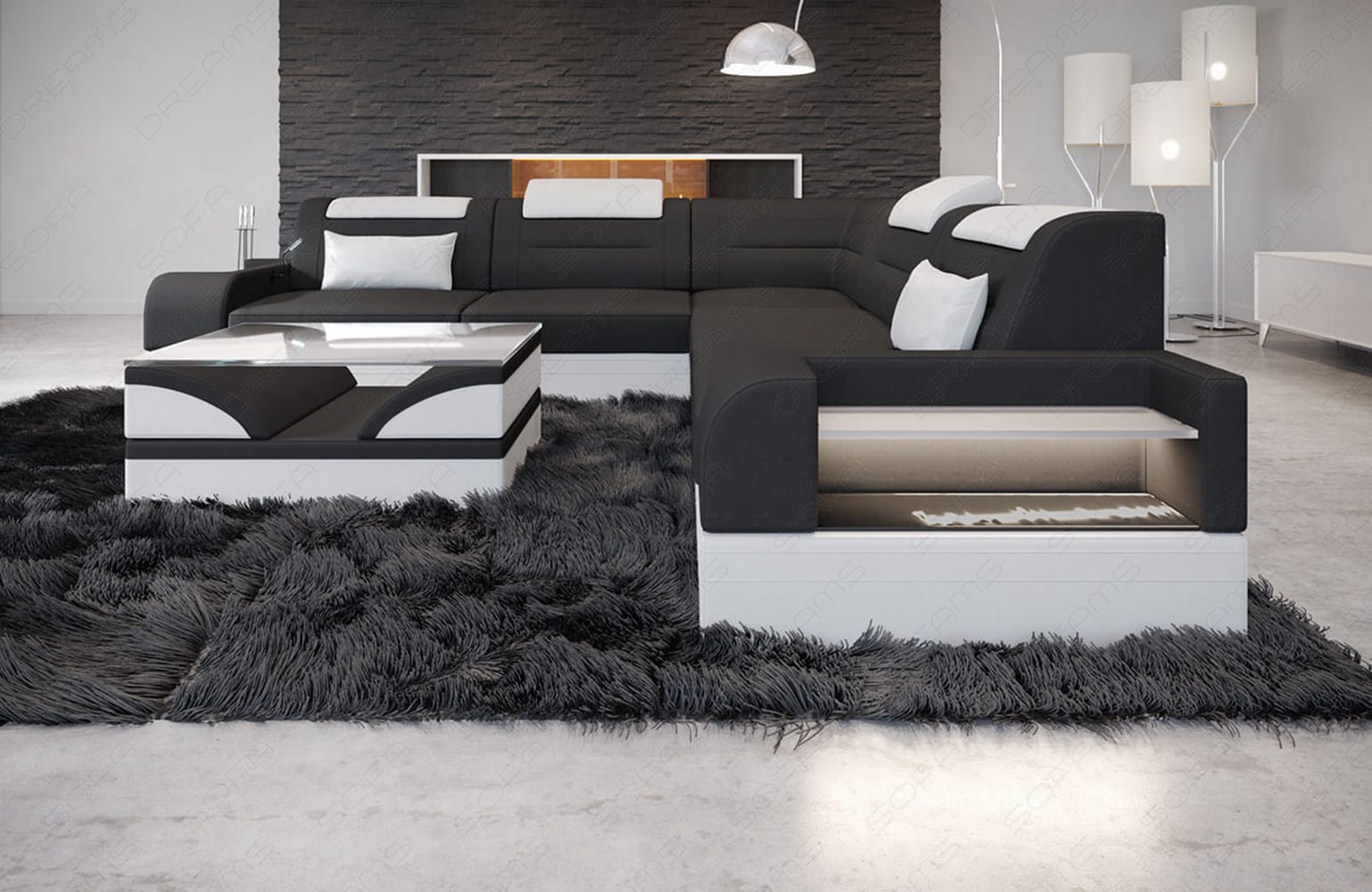 Couch Trivento L-Form in Stoff Dunkelgrau-Weiß