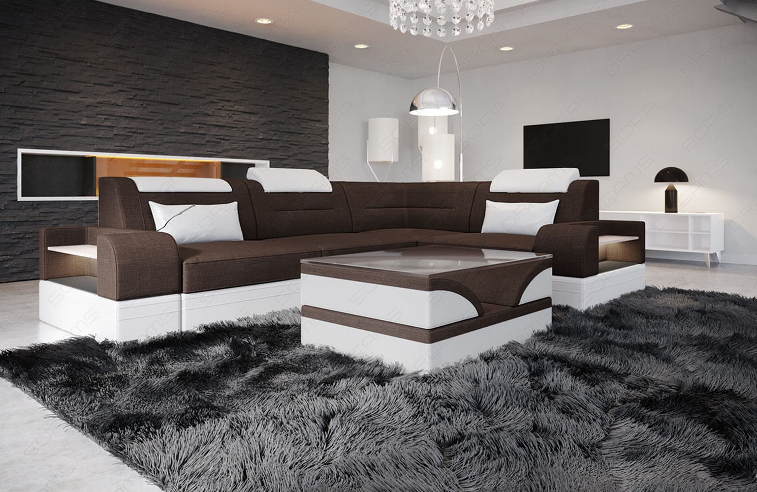 Couch Trivento L Form in Stoff Kurz graubraun-weiß