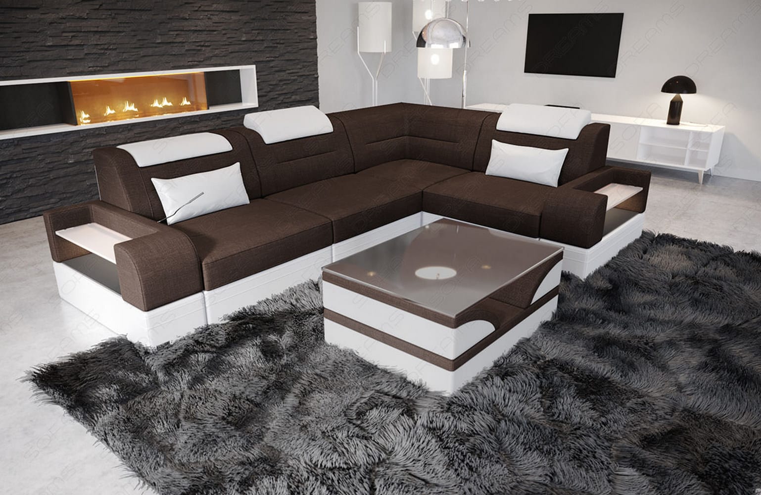 Couch Trivento L Form in Stoff Kurz graubraun-weiß