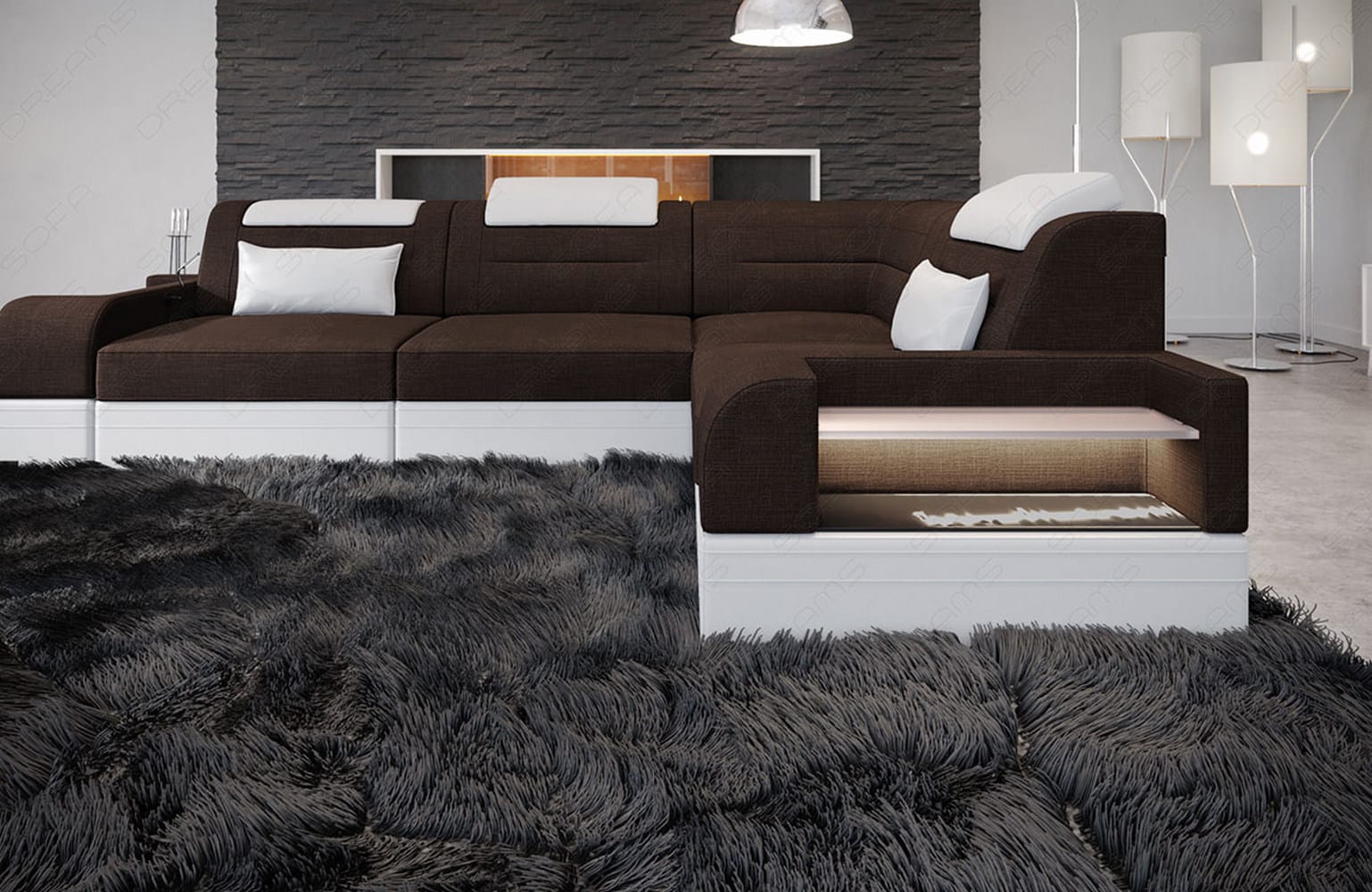Couch Trivento L Form in Stoff Kurz graubraun-weiß