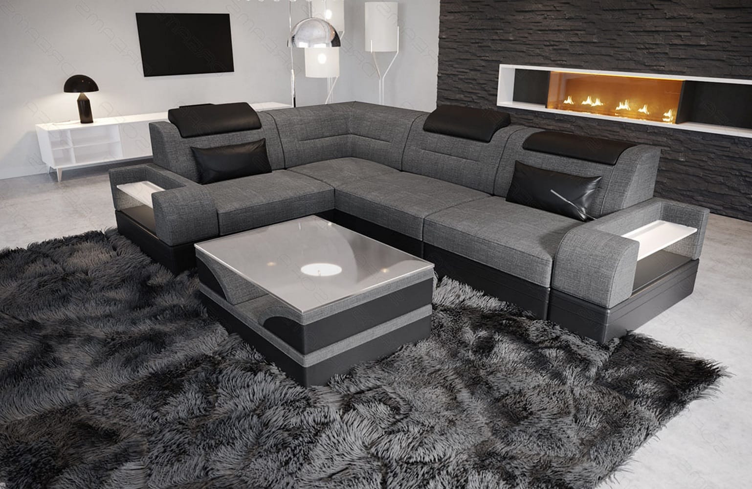 Couch Trivento L-Form in Stoff Kurz Grau-Schwarz