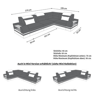 Couch Trivento L-Form in Stoff Kurz Grau-Schwarz
