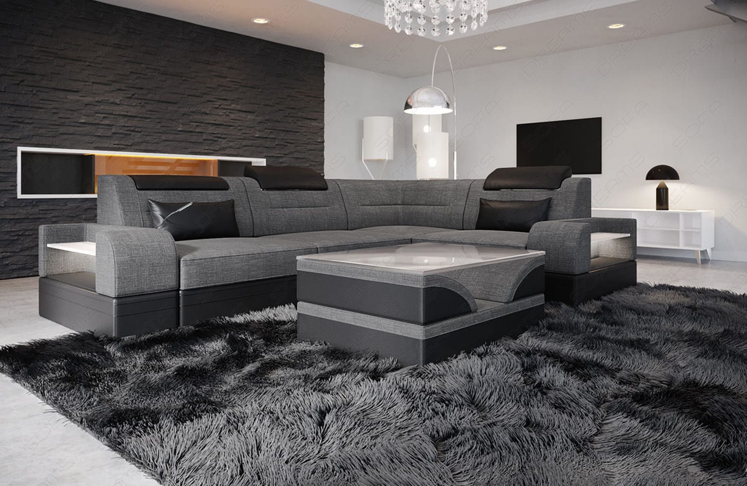 Couch Trivento L-Form in Stoff Kurz Grau-Schwarz
