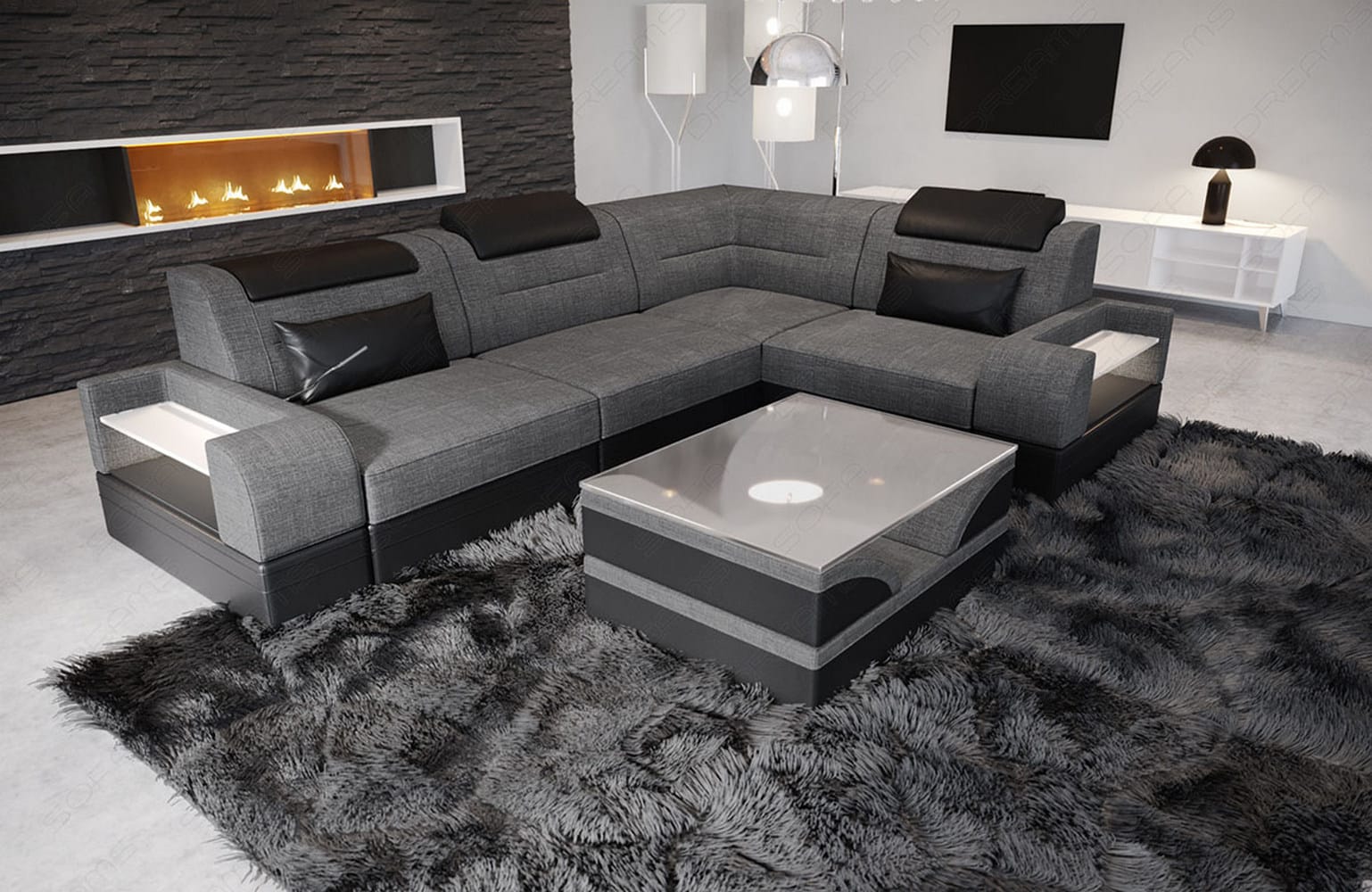 Couch Trivento L-Form in Stoff Kurz Grau-Schwarz