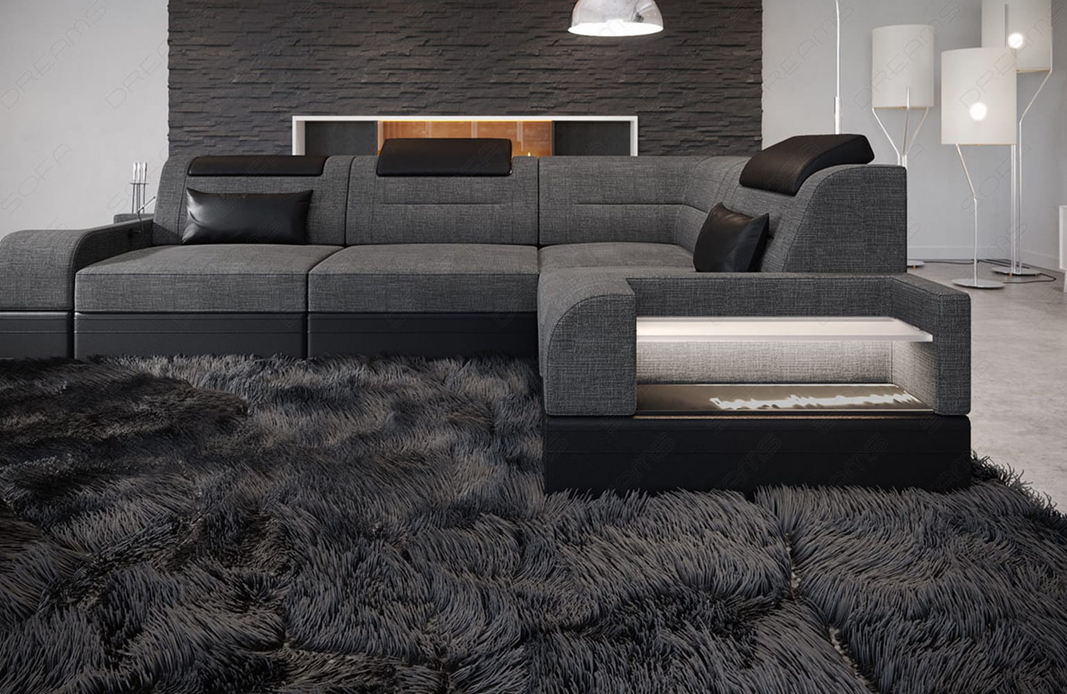 Couch Trivento L-Form in Stoff Kurz Grau-Schwarz