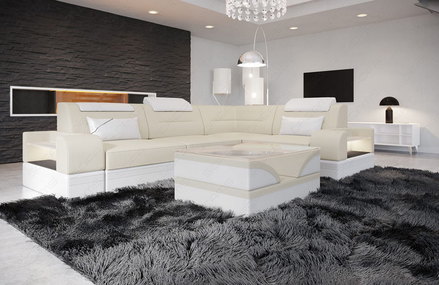 Couch Trivento L-Form in Stoff Kurz Elfenbein-Weiß