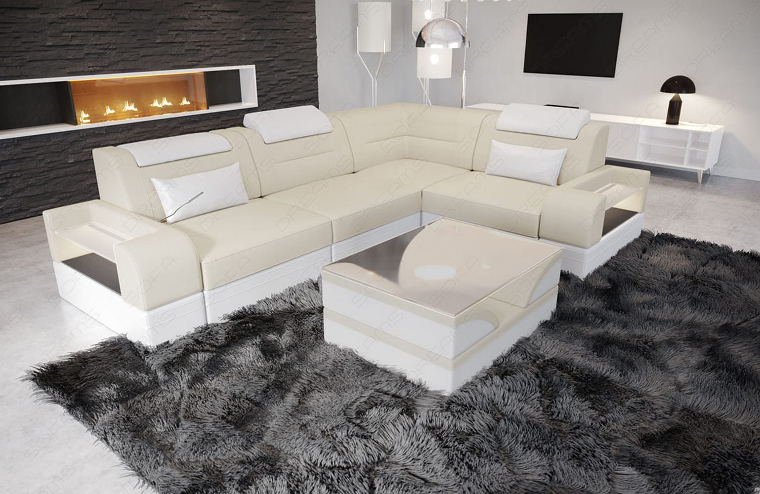 Couch Trivento L-Form in Stoff Kurz Elfenbein-Weiß