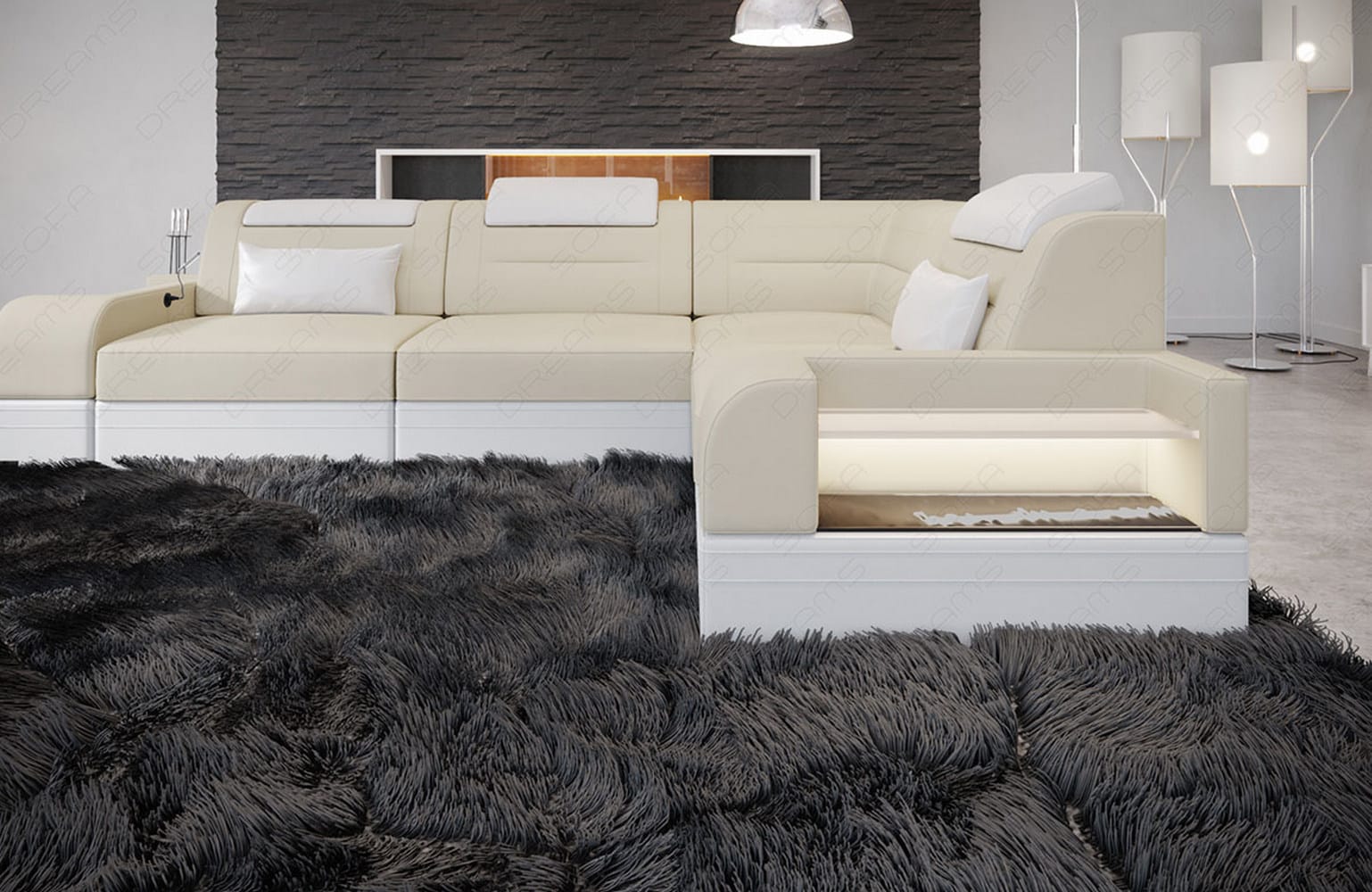 Couch Trivento L-Form in Stoff Kurz Elfenbein-Weiß